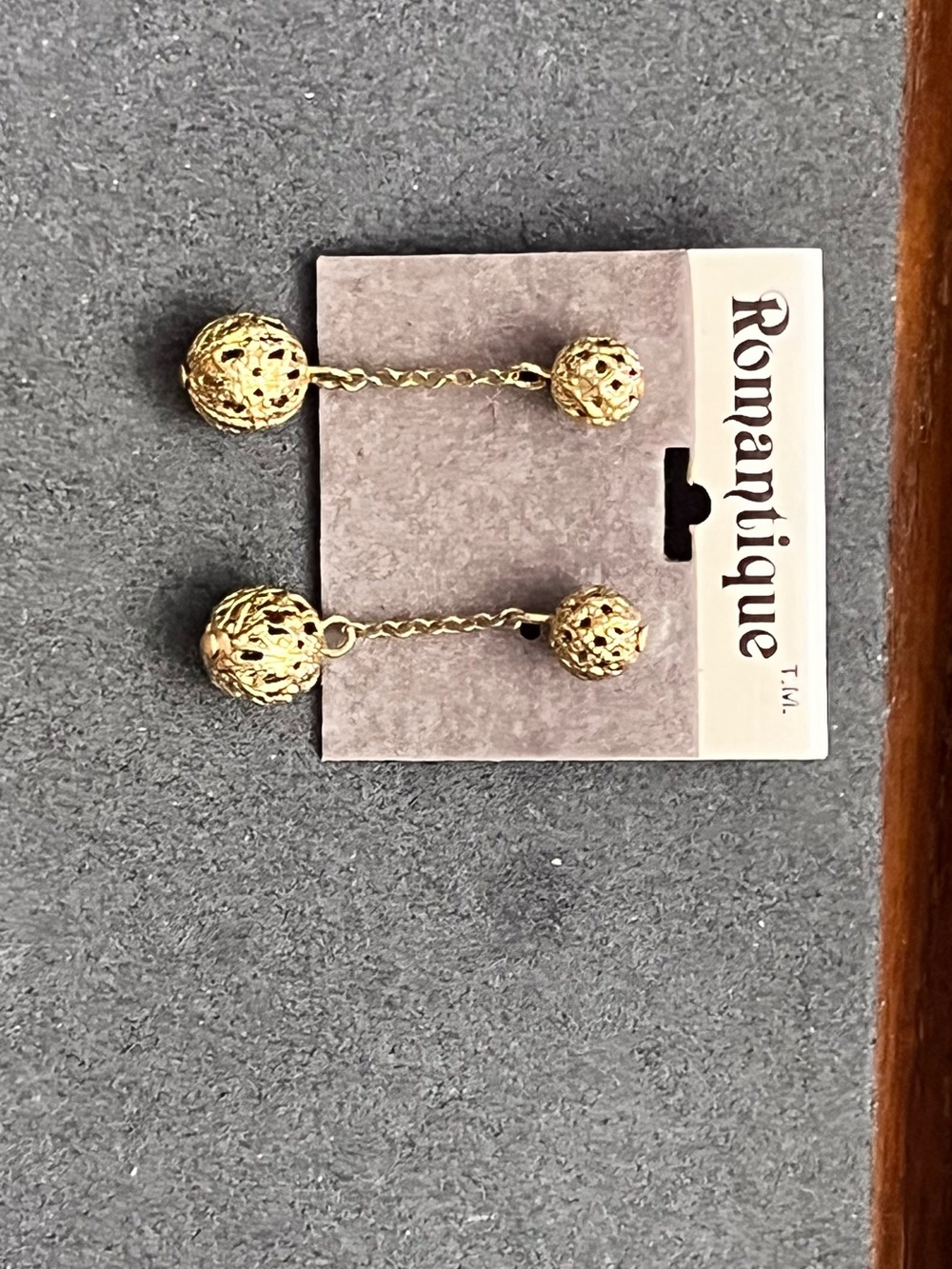 Antique Gold tone Filigree Drop Earrings - Double Sphere Chain